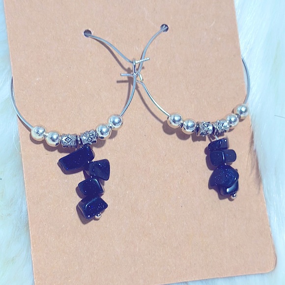 Beautiful Silver Ball โFancy Hoopsโ w/Natural Healing Navy Sparkling Sandstones - Picture 5 of 16